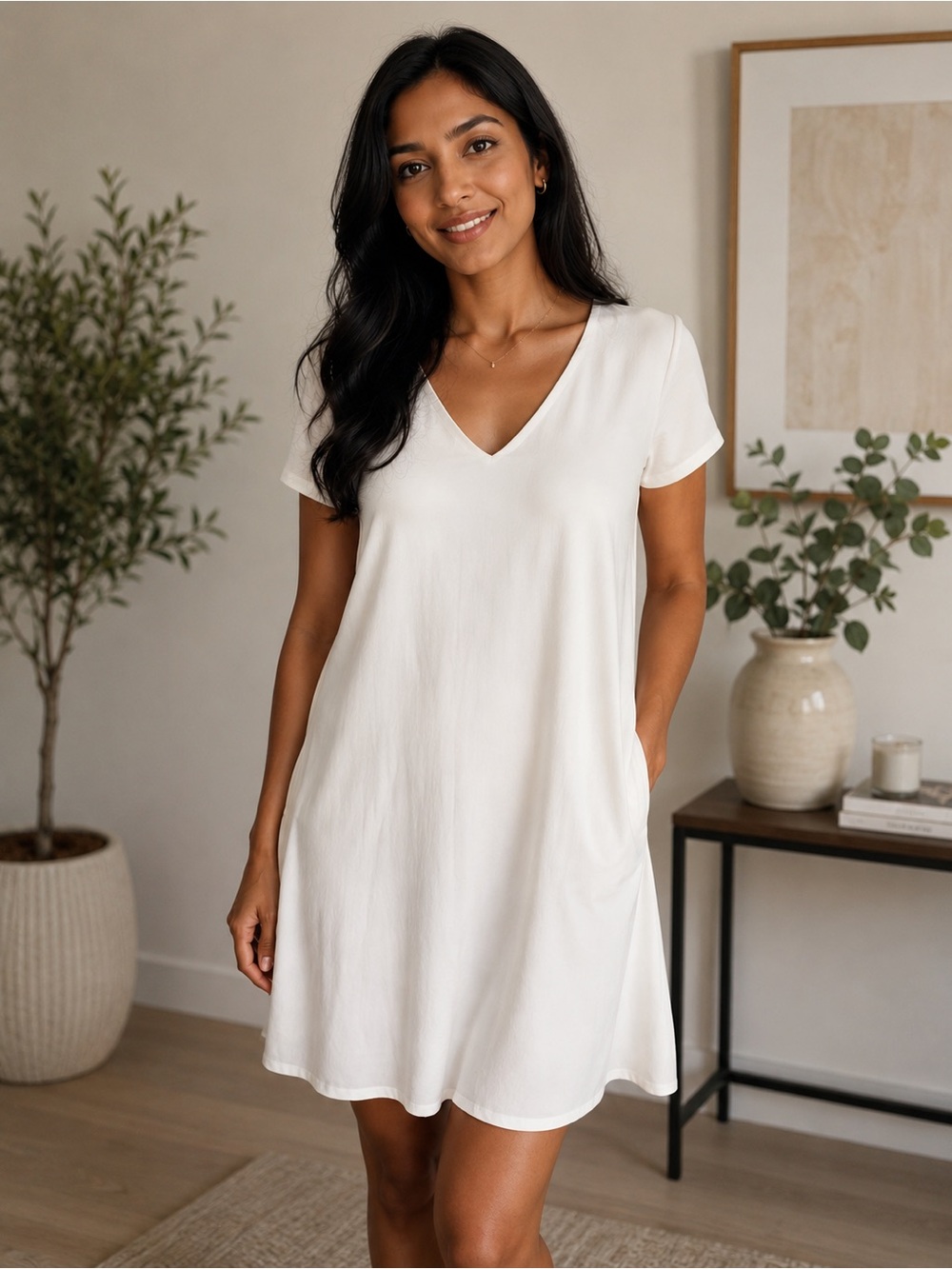 Lulu's White V-Neck Short Sleeve Shift Dress